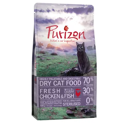 Purizon Dry Cat Food, Fresh Chicken & Fish, 400 g. 70 % eläinperäisiä ainesosia, 30 % hedelmiä ja yrttejä, 0 % viljaa. Sterilisoiduille aikuisille kissoille. Englanninkielinen pakkausteksti.
