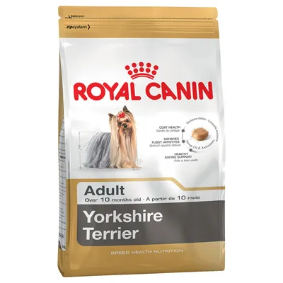 Bag showing Royal Canin Adult Yorkshire Terrier food, for over 10 months old. Highlights include coat health, fussy appetite satisfaction, healthy ageing support, and exclusive kibble shape.