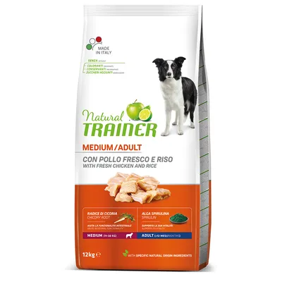 Natural Trainer Medium/Adult krmivo pro psy s čerstvým kuřetem a rýží, 12 kg. Bez barviv, konzervantů, přidaného cukru. Vyrobeno v Itálii.