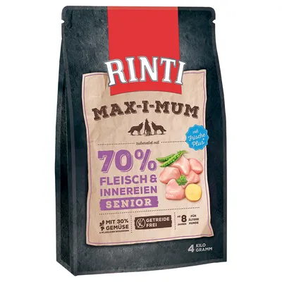 Rinti Max-i-mum 70 % Fleisch & Innereien Senior, mit Frische Plus, mit 30 % Gemüse, getreidefrei, ab 8 Jahren für ältere Hunde, 4 kilo gramm. Tekst på tysk.