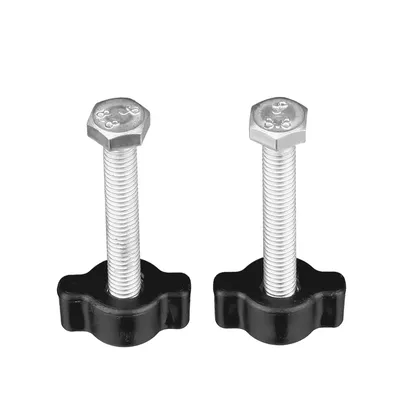 Two screws with metal threads and black plastic handles, suitable for fastening purposes.