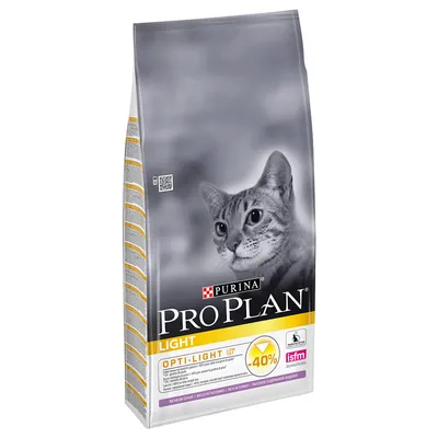 Confezione di crocchette per gatti Purina Pro Plan Light, scritte visibili: OPTI-LIGHT, -40%, ricco in tacchino, isfm, immagine di un gatto sul fronte.