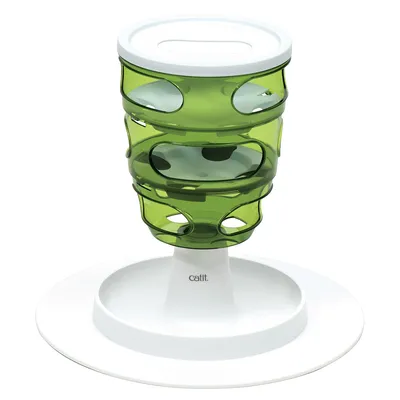 Catit voerboom van groen transparant plastic met witte basis, merknaam 'catit' zichtbaar op de standaard. Voerdispenser met meerdere openingen en rond plateau.