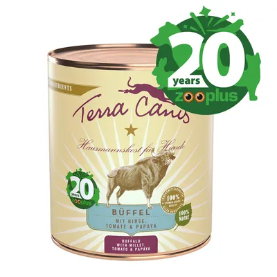 Terra Canis Büffel with millet, tomato & papaya tin, 20 years zooplus badge, visible text: 100% Natur, Buffalo with millet, tomato & papaya, Hausmannskost für Hunde