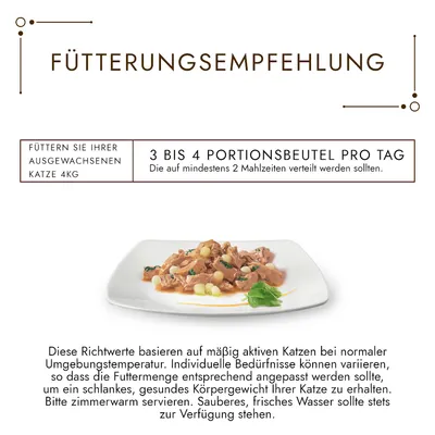 Fütterungsempfehlung: 3 bis 4 Portionsbeutel pro Tag für ausgewachsene Katzen (4kg), verteilt auf mindestens 2 Mahlzeiten. Frisches Wasser sollte stets verfügbar sein.