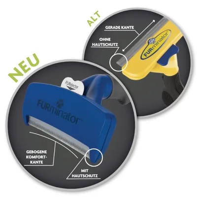 Comparativa de dos cepillos FURminator: modelo azul nuevo con borde curvado y protector de piel, modelo amarillo antiguo con borde recto sin protector. Texto en alemán visible.