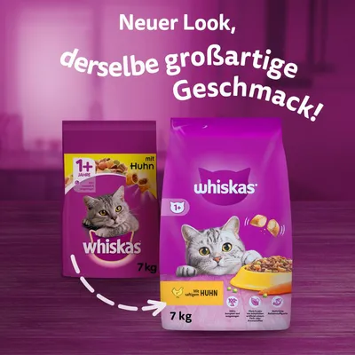Whiskas Trockenfutter für Katzen ab 1 Jahr, mit saftigem Huhn, 7 kg. Neuer Look, derselbe grossartige Geschmack.