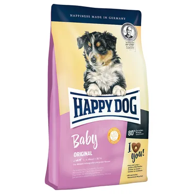 Confezione di crocchette Happy Dog Baby Original, visibile cucciolo, testo: 80% proteine animali, I love you!, per 1–6 mesi, produzione tedesca, marchio Happy Dog.