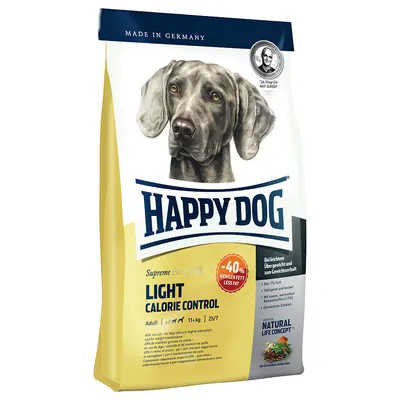 Opakowanie karmy Happy Dog Light Calorie Control dla psów dorosłych powyżej 11 kg, -40% tłuszczu, Natural Life Concept, widoczny duży pies na froncie. Made in Germany.