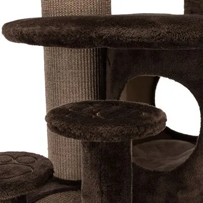 Krabpaal met meerdere plateaus en een ronde opening naar een kattenhuisje, bekleed met donkerbruine stof en sisal touw om de paal.