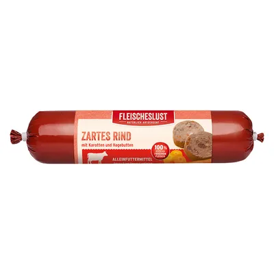 Fleischeslust Bœuf tendre avec carottes et cynorhodons, aliment complet, 100 % viande fraîche. Fleischeslust Bœuf tendre avec carottes et cynorhodons, aliment complet, 100 % viande fraîche.