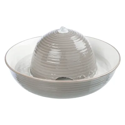 Fântână de băut din ceramică, gri, cu design curbat și apă curgătoare, potrivită pentru animale de companie.