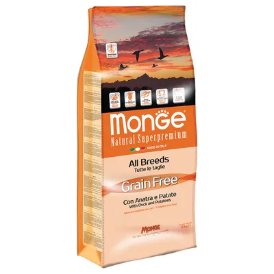 Monge Natural Superpremium, Made in Italy, All Breeds, Grain Free, con pato y patatas, 12kg. Alimento completo para perros.