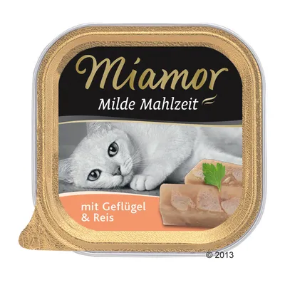 Miamor Milde Mahlzeit kattefoder, mit Geflügel & Reis. Billede af kat og foderstykker med persille på emballagen.