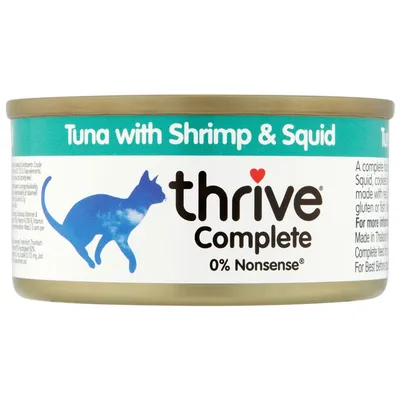 Thrive Complete Tuna with Shrimp & Squid, 0% Nonsense, shown on product tin label.
