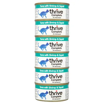 Zes blikjes thrive Complete kattenvoer, smaak Tuna with Shrimp & Squid, met opschrift '0% Nonsense*'.
