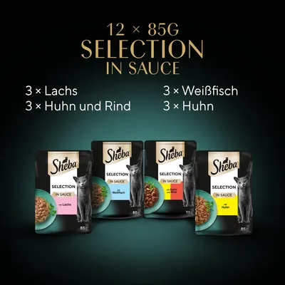 Sheba Selection in Sauce 12 x 85 g : 3 x Lachs, 3 x Huhn und Rind, 3 x Weißfisch, 3 x Huhn. Texte en allemand sur l’image.
