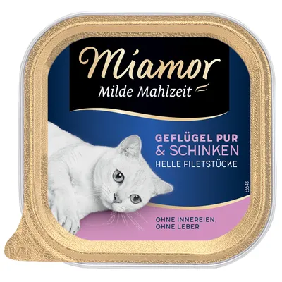 Miamor Milde Mahlzeit, Geflügel pur & Schinken, helle Filetstücke. Ohne Innereien, ohne Leber. Billede af hvid kat på emballagen.
