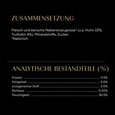 Zusammensetzung: Fleisch und tierische Nebenerzeugnisse (Huhn 22%, Truthahn 4%), Mineralstoffe, Zucker. Analytische Bestandteile: Protein 9,5%, Fettgehalt 5%, Feuchtigkeit 82,5%.