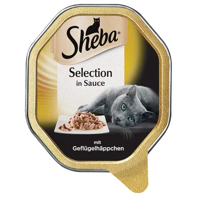 Sheba Selection in Sauce mit Geflügelhäppchen, billede af kat og tallerken med kødstykker i sauce på emballagen.