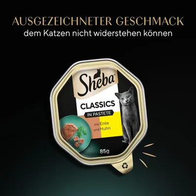 Sheba Classics in Pastete mit Ente und Huhn, 85g. Ausgezeichneter Geschmack, dem Katzen nicht widerstehen können.