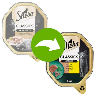 Sheba Classics in pâté with duck and chicken, 85g. Packaging design change shown with green arrow.