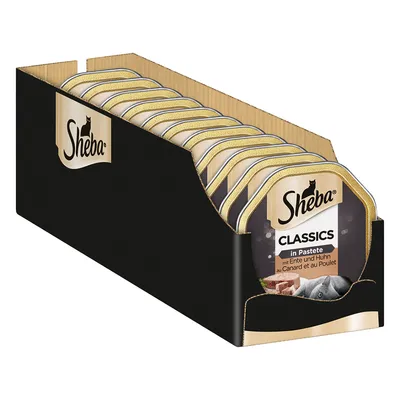 Упаковка паучей Sheba Classics in Pastete mit Ente und Huhn. Видны индивидуальные контейнеры с логотипом Sheba и надписями на немецком и французском языках.