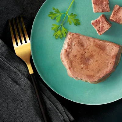Portion de pâtée pour animaux sur une assiette verte avec quelques morceaux coupés et une branche de persil, fourchette dorée à côté.
