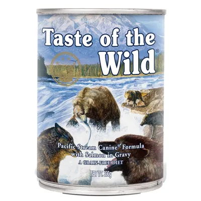 Taste of the Wild Pacific Stream Canine Formula con salmone in salsa, alimentazione senza cereali, peso netto: 390g.