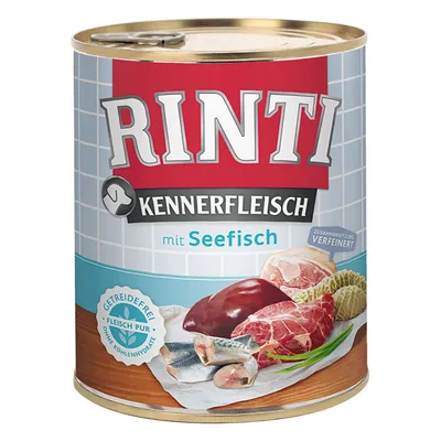 Konzerva Rinti Kennerfleisch mit Seefisch, prikaz komada mesa, ribe i iznutrica na etiketi. Tekst: Getreidefrei, Fleisch pur, ohne Kohlenhydrate, Zusammensetzung verfeinert.