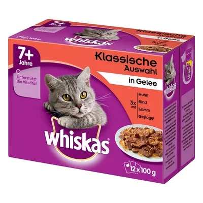 Whiskas Klassische Auswahl in Gelee, 7+ Jahre, 12 x 100 g. Huhn, Rind, Lamm, Geflügel. Text în germană: Unterstützt die Vitalität. Imagine cu pisică și bol cu hrană umedă.