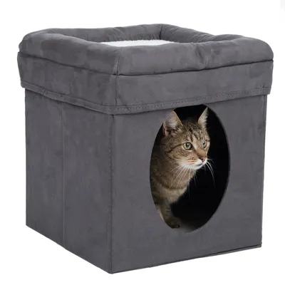 Grijze kattenmand met ovale ingang, kat zit binnen en kijkt naar buiten.
