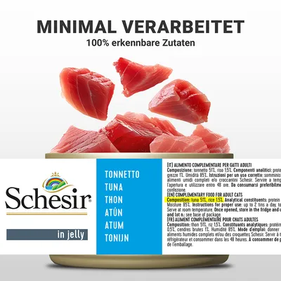 Schesir in Jelly. Minimalno predelana, 100 % prepoznavne sestavine. Tuna 51 %, riž 1 %. Dopolnilna hrana za odrasle mačke. Vsebnost vlage 85 %. Večjezičen opis izdelka viden.