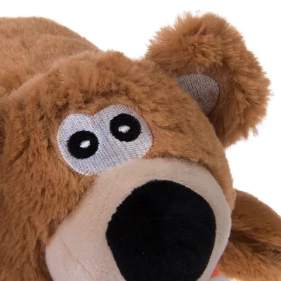 Giocattolo di peluche a forma di orso con pelliccia marrone, occhi ricamati e naso nero.