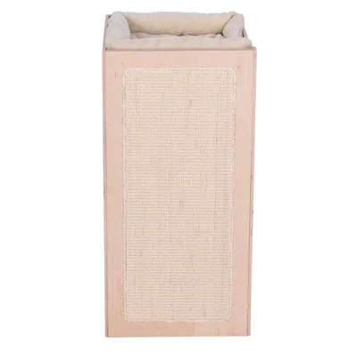 Puinen kissan raapimislaatikko, etuosassa vaalea sisal-kangas ja yläosassa pehmustettu makuupaikka.