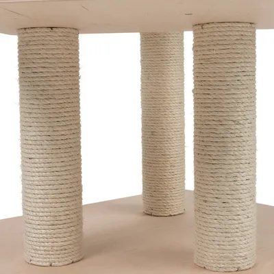 Scratching post columns wrapped with sisal, mounted on wooden platform.
