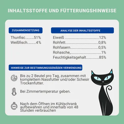 Sestavine: tuna 51 %, bela riba 4 %. Analiza: beljakovine 12 %, surove maščobe 0,8 %, surove vlaknine 0,5 %, surovi pepel 1 %, vlaga 85 %. Navodila za hranjenje: do 2 vrečki na dan, ponuditi pri sobni temperaturi.