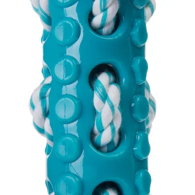 Spielzeug aus blauem Kunststoff mit Noppen und integriertem weiss-türkisfarbenem Seil.