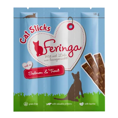 Cat Sticks Feringa, rich in salmon and trout, grain-free, with valuable proteins and taurine. 18g pack showing three stick treats.