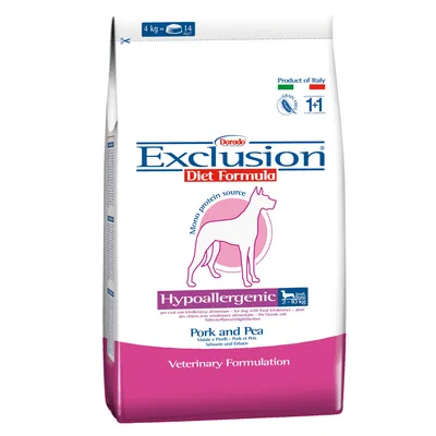 Exclusion Diet Formula Hypoallergenic Pork and Pea hundfoder, 4 kg, mono protein source, för hundar 2–10 kg. Produkt från Italien. Veterinary Formulation synligt på förpackningen.