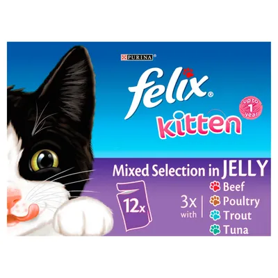 Felix kitten mixed selection in jelly, 12 packs with 3 each of beef, poultry, trout and tuna. Suitable for up to 1 year.