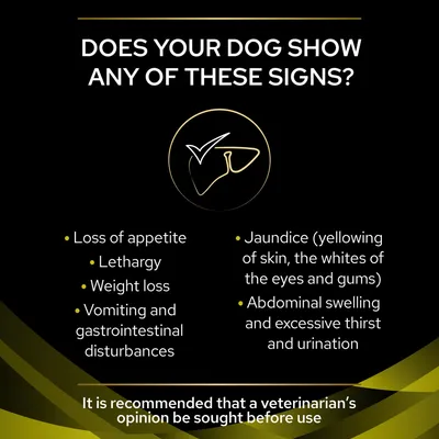 Signs listed: loss of appetite, lethargy, weight loss, vomiting, jaundice, abdominal swelling, excessive thirst and urination. Veterinary advice recommended before use.