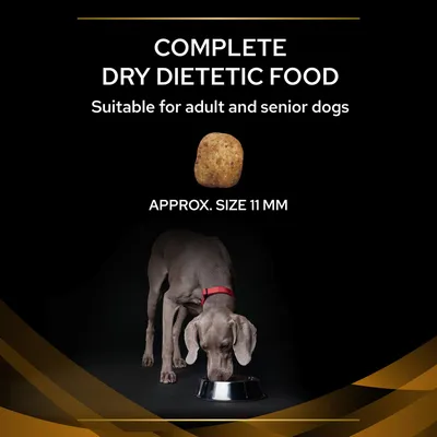 Complete dry dietetic food for adult and senior dogs, showing a kibble piece approximately 11 mm in size and a dog eating from a bowl.