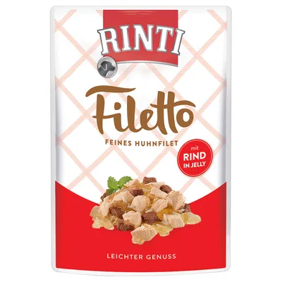 RINTI Filetto Feines Huhnfilet mit Rind in Jelly, confezione con immagine di bocconcini di pollo e manzo in gelatina. Testo visibile: LEICHTER GENUSS.