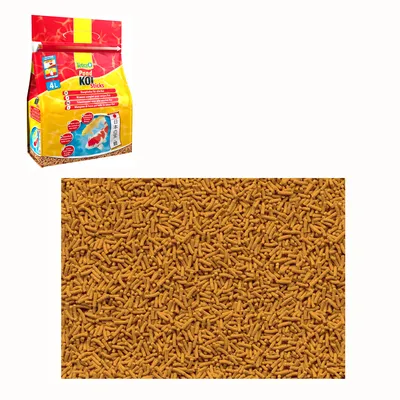 Tetra Pond Koi Sticks 4L, förpackning med synlig text och bild på koi-fisk samt närbild på bruna fodersticks. Text: 'Koi Sticks', instruktioner och symboler på förpackningen.