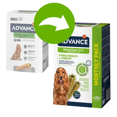 ADVANCE Dental Care Stick Medium-Maxi >10kg, balení na 28 dní, nápisy: VISIBLE RESULTS IN 1 MONTH, MONTHLY PACK, x28 sticks. Zobrazeny dvě varianty obalu s psem a dentálními tyčinkami.