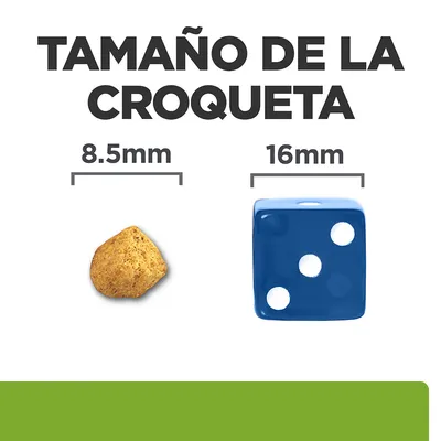 Tamaño de la croqueta: 8,5 mm comparado con un dado azul de 16 mm. Imagen muestra ambos objetos y sus medidas para referencia visual.