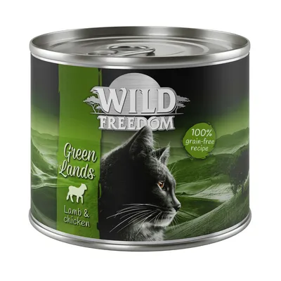 Wild Freedom Green Lands, lamb & chicken, 100% grain-free recipe. Tin with landscape design and black cat.