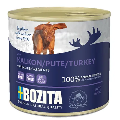 Bozita dinde, ingrédients suédois, 100 % protéines animales, sans céréales, sans OGM, sans sucre ajouté. Paté 625g. Fabriqué à Vårgårda, Suède.