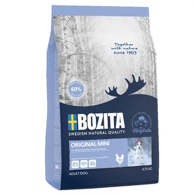 Пакет Bozita Swedish Natural Quality Original Mini за кучета, 4,75 кг. Видими текстове: 60% animal protein, 21% protein, 11% fat, GMO free, Together with nature since 1903.